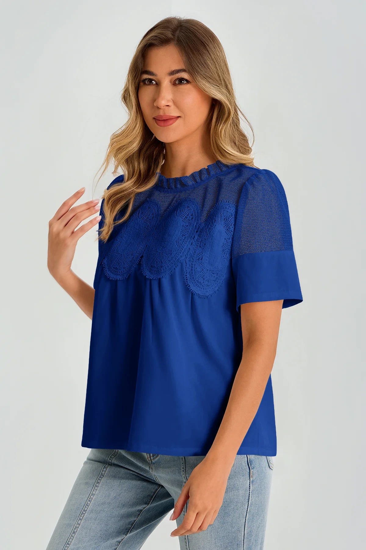 Womens Baby Blue Flowy Lace Blouses | CicyBell