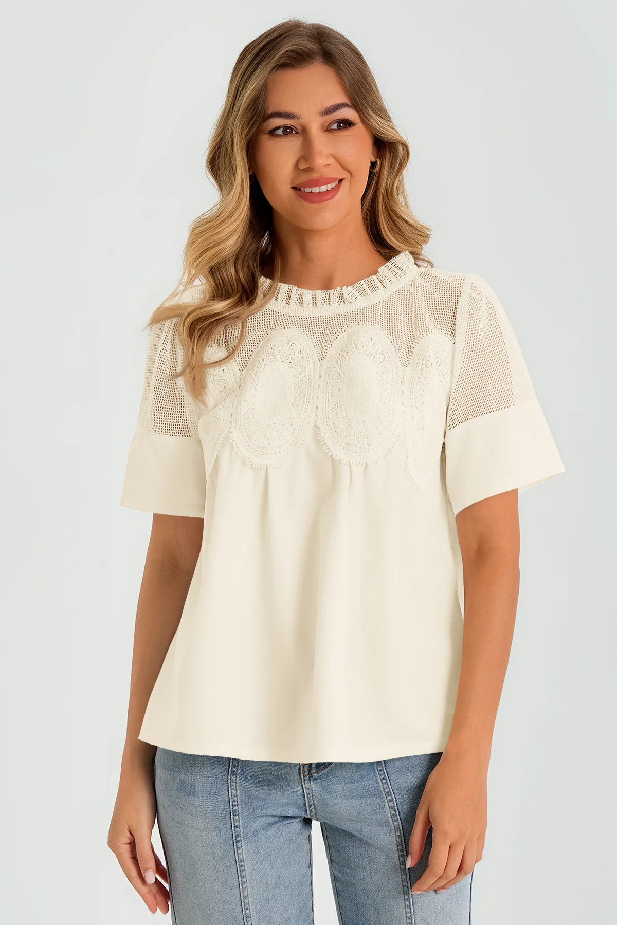 Womens Beige Flowy Lace Blouses | CicyBell