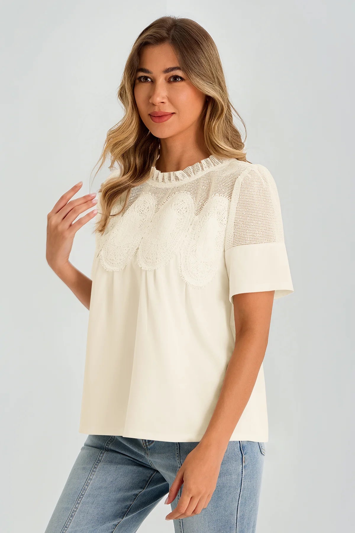 Womens Beige Flowy Lace Blouses | CicyBell