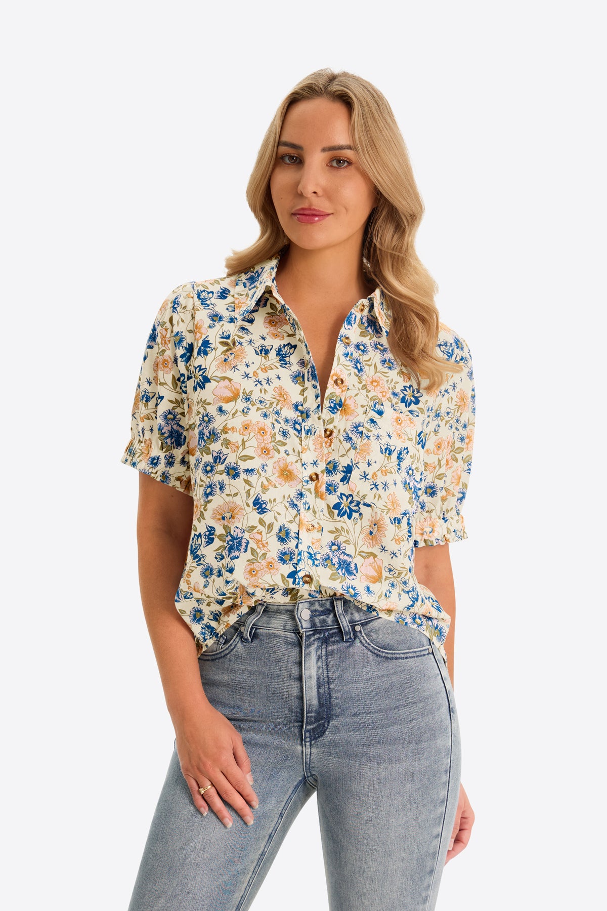 Womens Beige Floral Printed Button Down Shirts | CicyBell