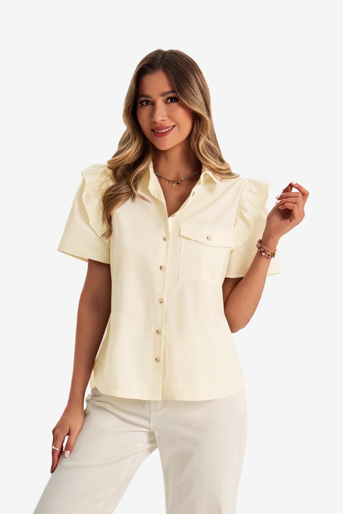 Womens Beige Babydoll Button Down Shirts | CicyBell