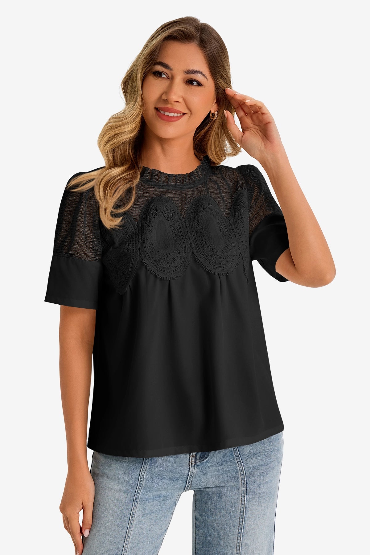 Womens Black Flowy Lace Blouses | CicyBell