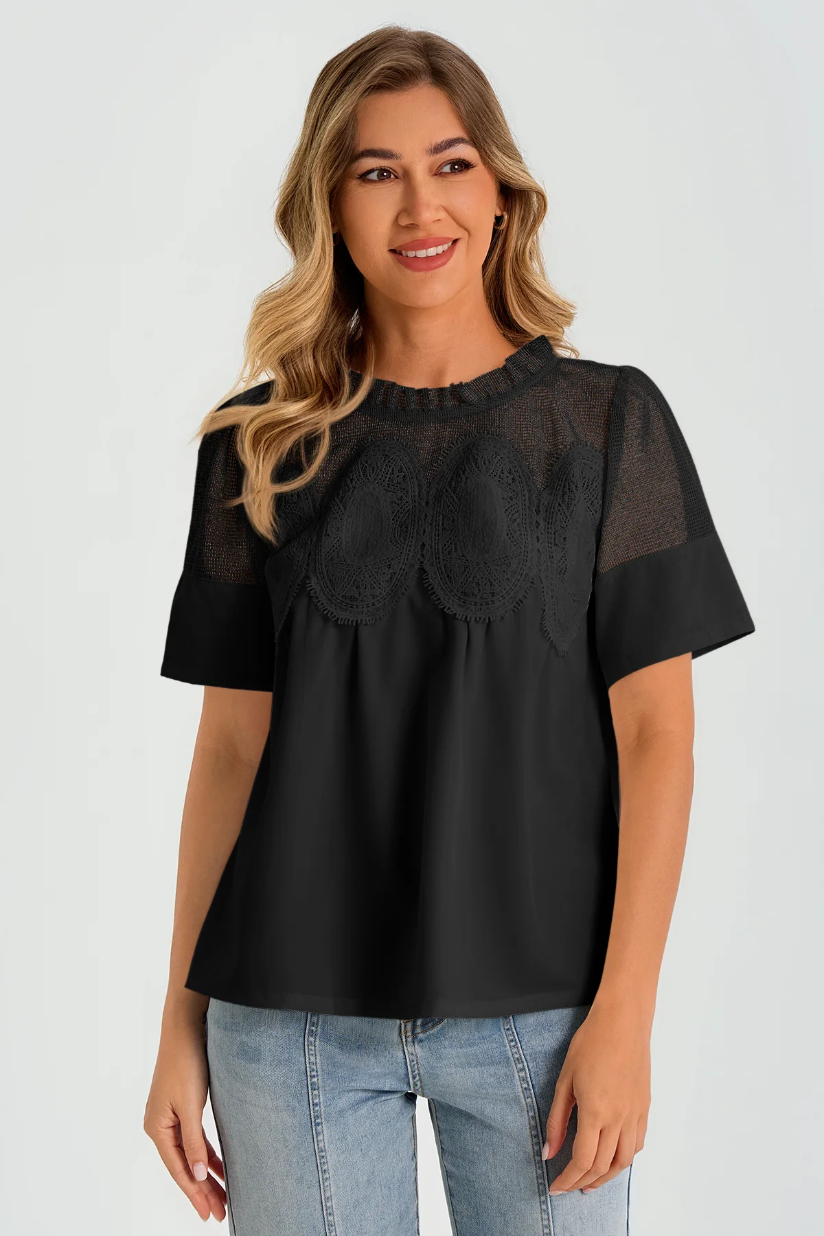Womens Black Flowy Lace Blouses | CicyBell