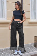 Womens Black Striped Wide Leg Jeans  | CicyBell