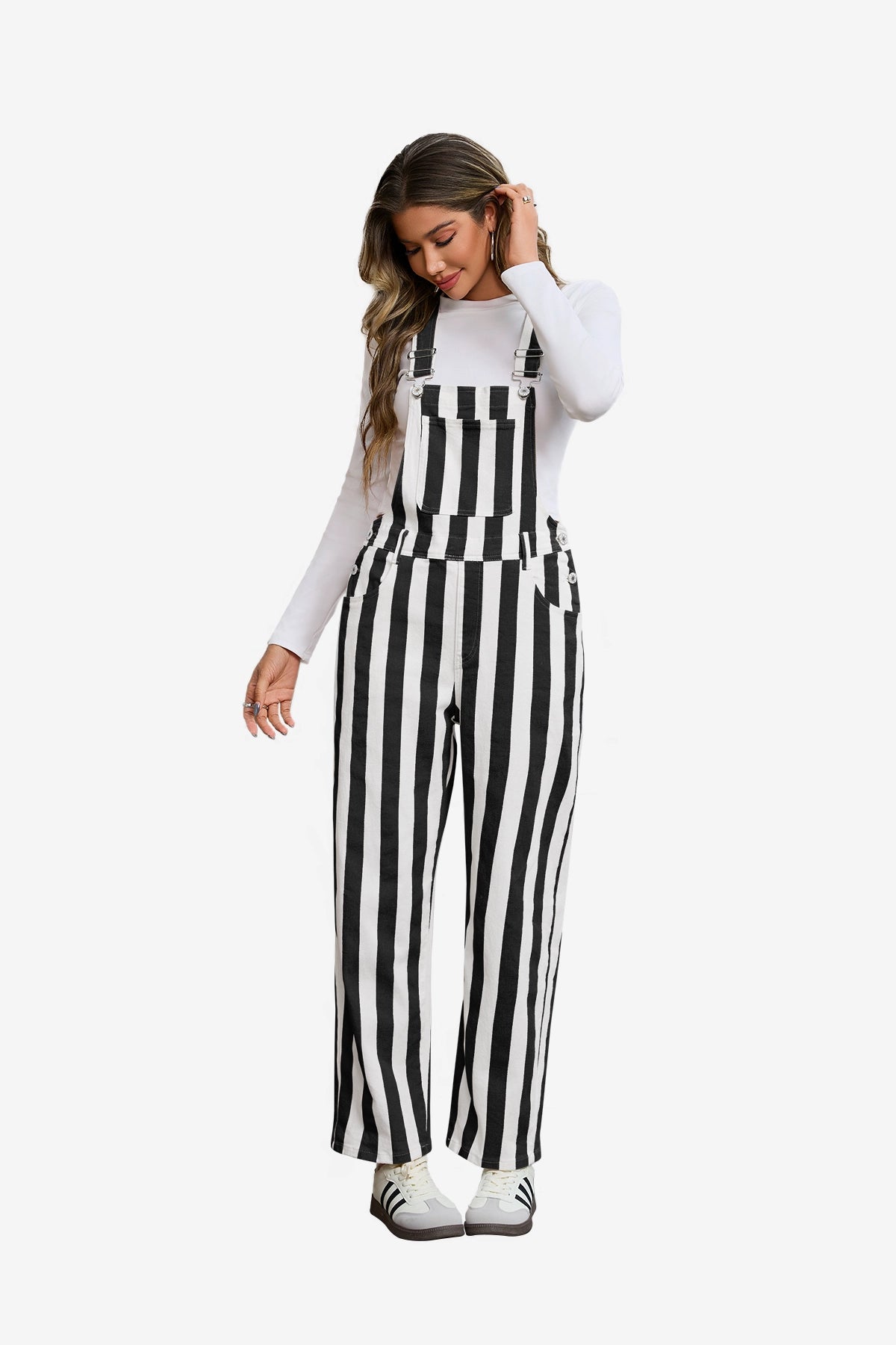 Womens Black Casual Striped Bib Overalls  | CicyBell