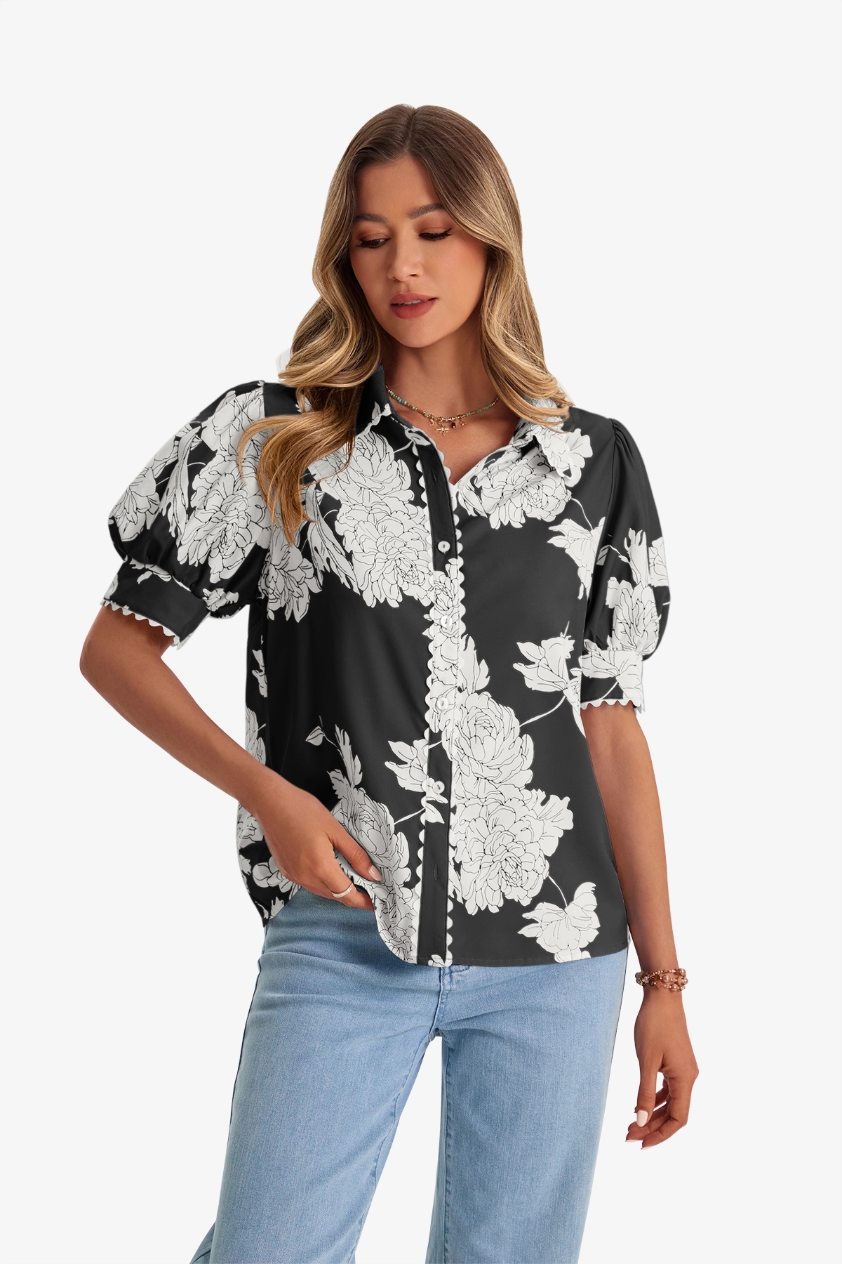 Womens Black Puff Sleeve Button Down Shirts | CicyBell