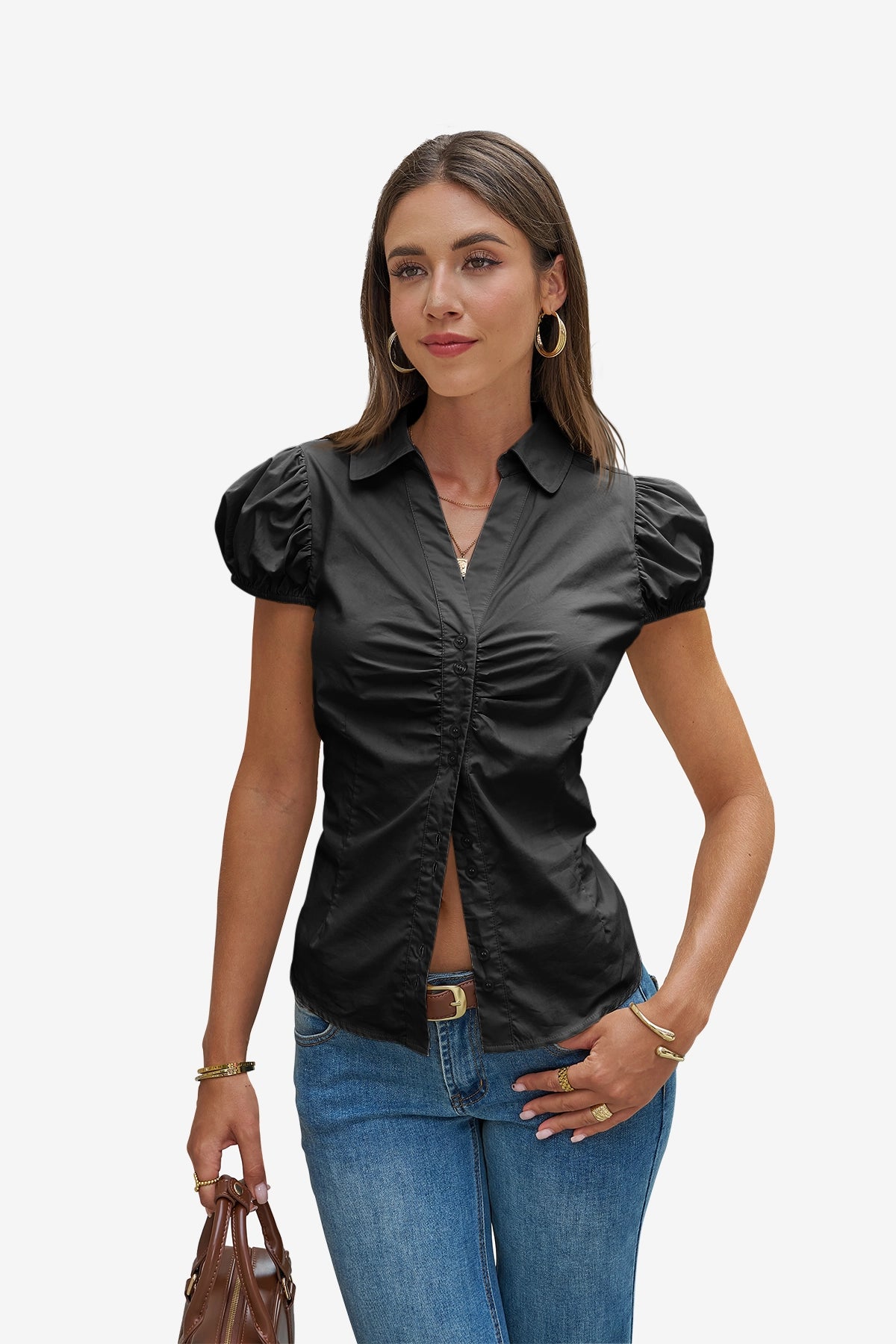 Womens Black Puff Sleeve Button Down Shirts | CicyBell