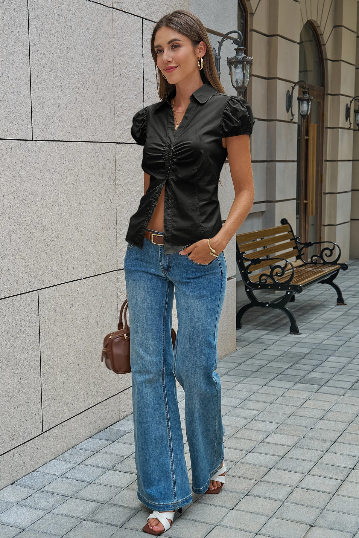 Womens Black Puff Sleeve Button Down Shirts | CicyBell