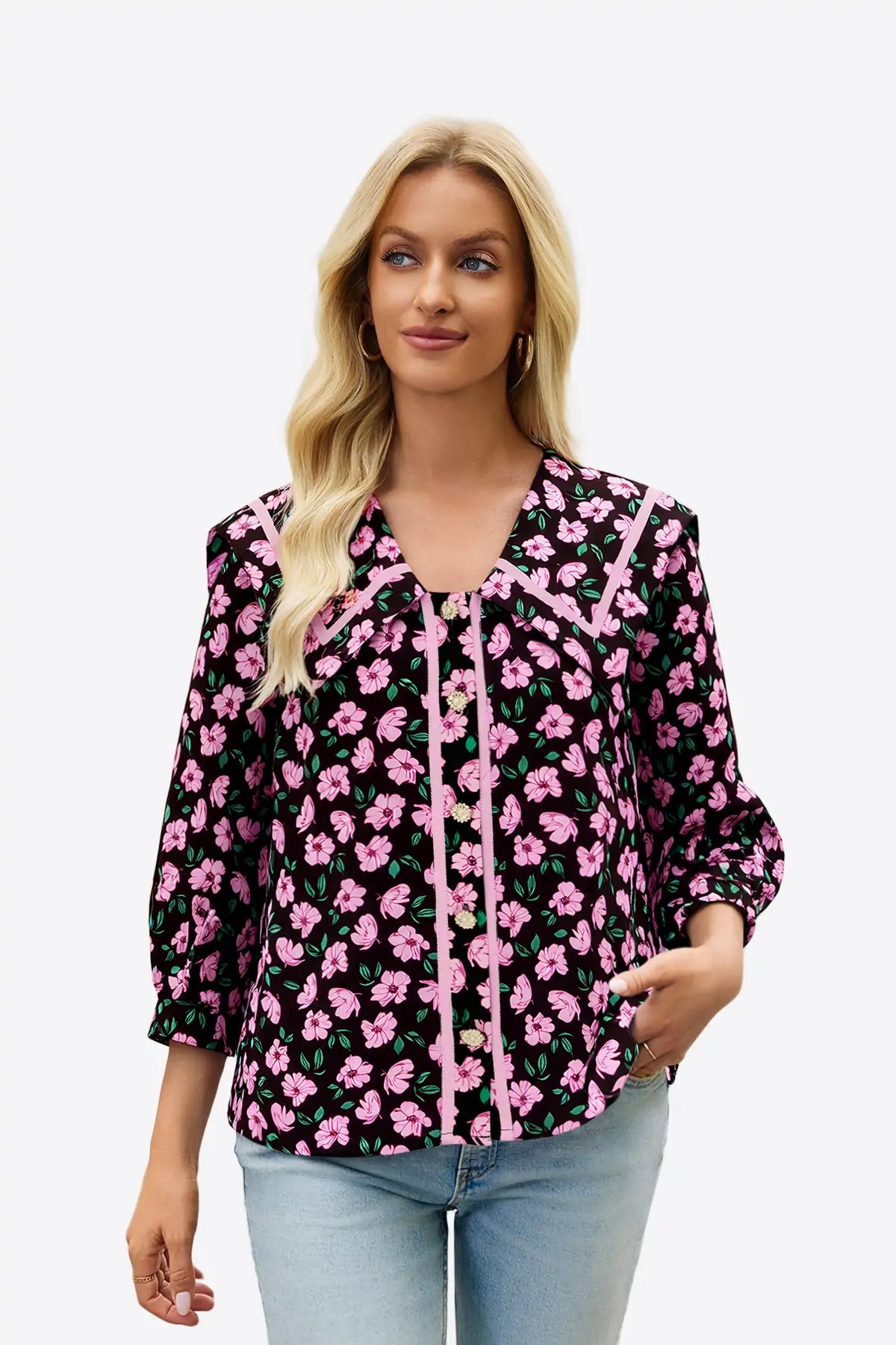 Womens Black Floral Button Down Shirts  | CicyBell