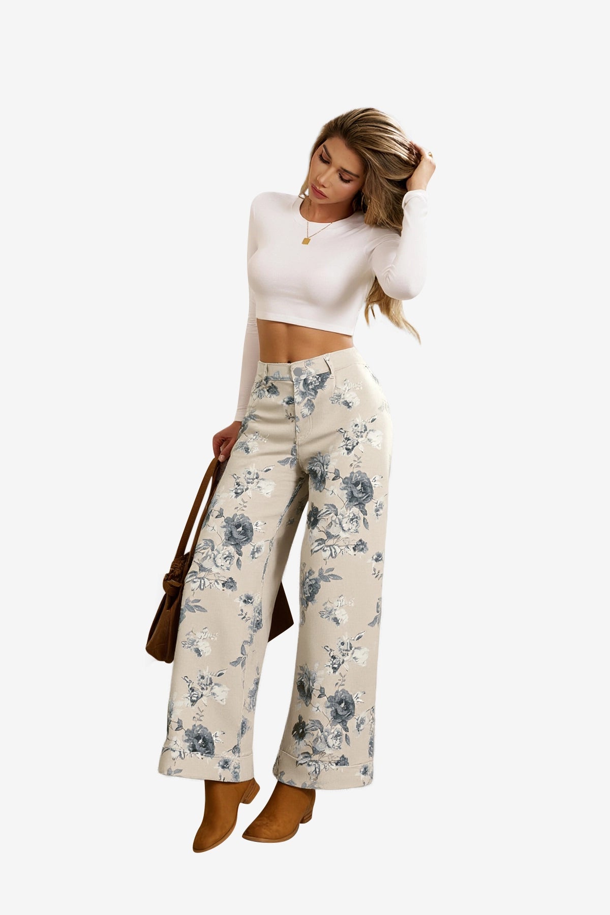 Women's Black&White Floral Baggy Wide Leg Jeans | CicyBell