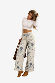 Women's Black&White Floral Baggy Wide Leg Jeans | CicyBell