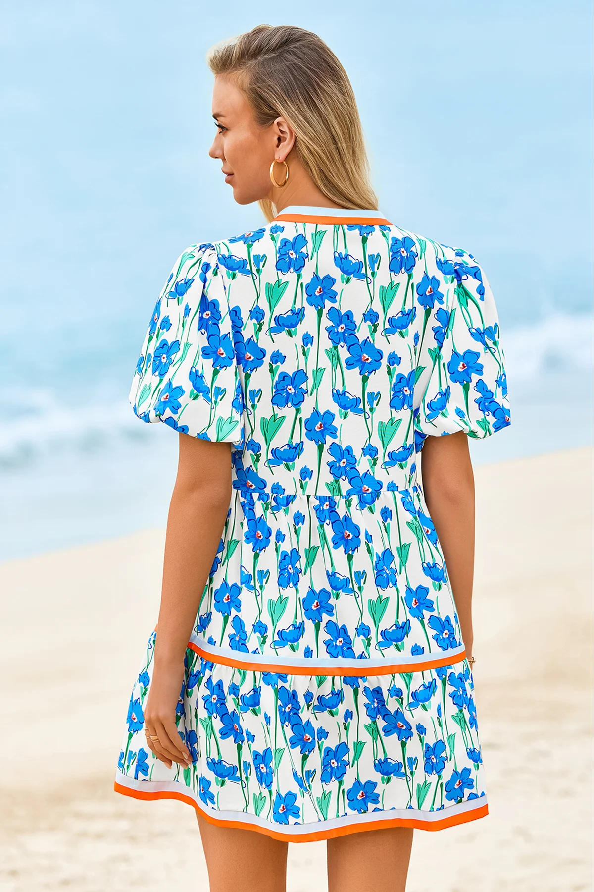 Womens Blue V Neck Floral Mini Dress