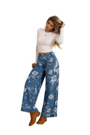 Women's Blue Floral Baggy Wide Leg Jeans | CicyBell