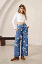 Women's Blue Floral Baggy Wide Leg Jeans | CicyBell