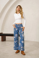 Women's Blue Floral Baggy Wide Leg Jeans | CicyBell