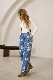 Women's Blue Floral Baggy Wide Leg Jeans | CicyBell