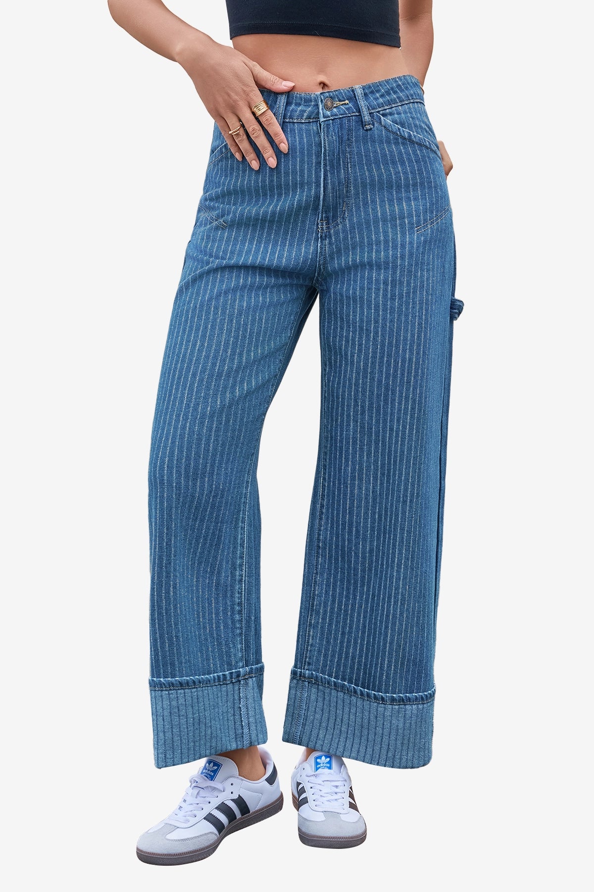 Womens Blue Striped Wide Leg Jeans  | CicyBell