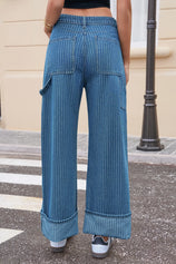 Womens Blue Striped Wide Leg Jeans  | CicyBell