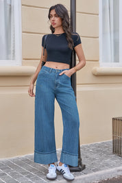 Womens Blue Striped Wide Leg Jeans  | CicyBell