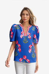 Womens Blue Summer Puff Sleeve Blouses  | CicyBell