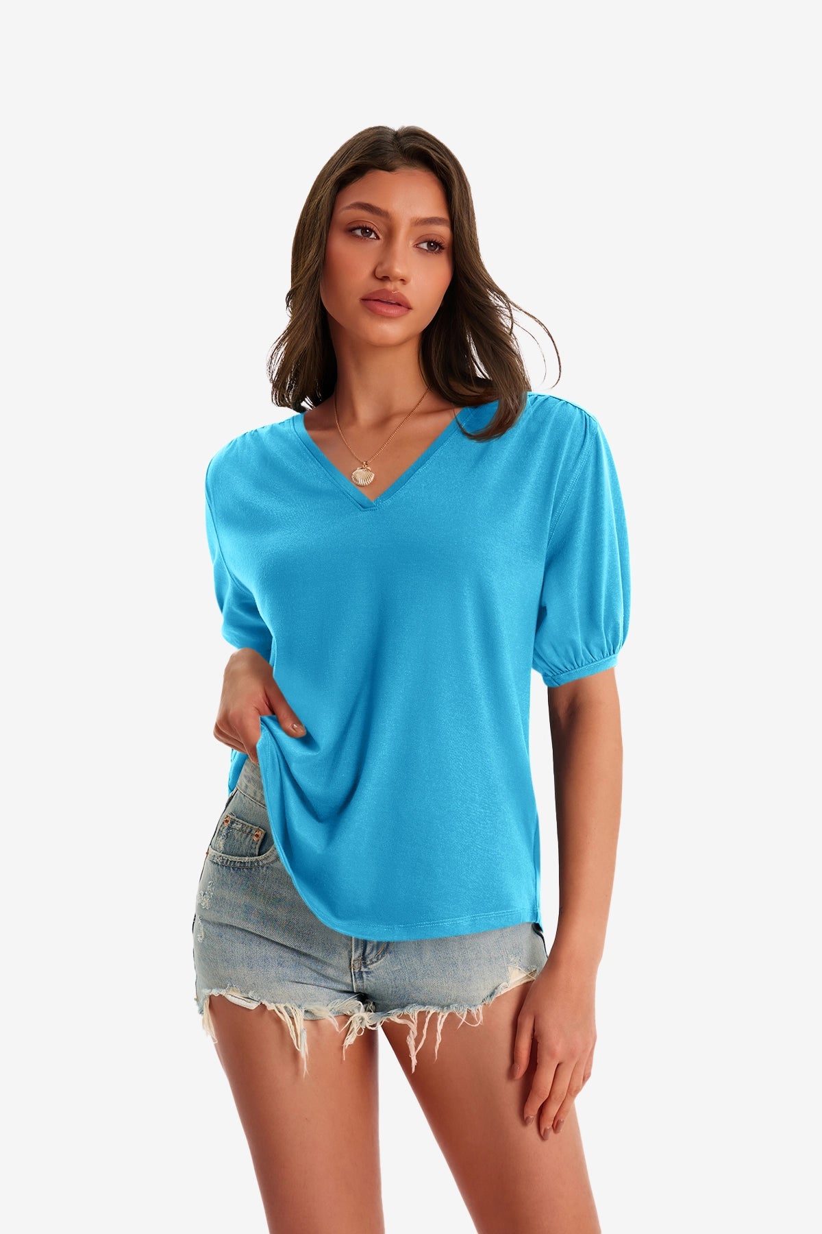 Womens Blue Summer Puff Short Sleeve T Shirts | CicyBell