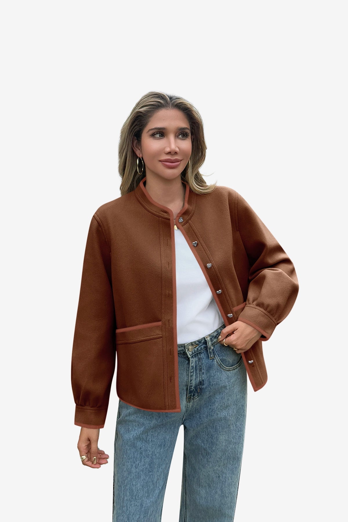 Womens Brown Button Down Bomber Jackets | CicyBell