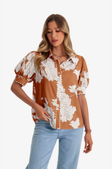Womens Brown Puff Sleeve Button Down Shirts | CicyBell