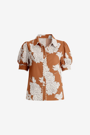 Womens Brown Puff Sleeve Button Down Shirts | CicyBell