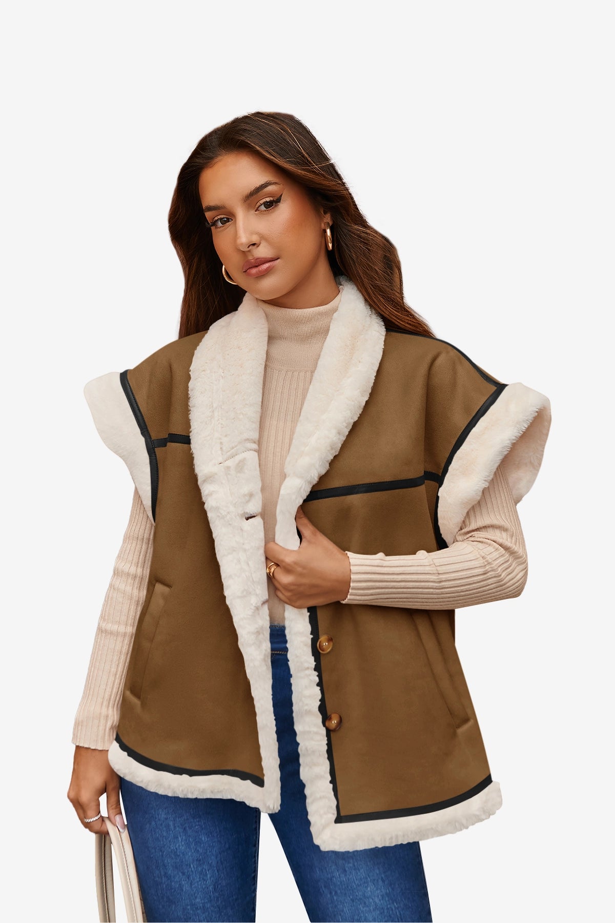 Womens Brown Suede Sherpa Vest  | CicyBell