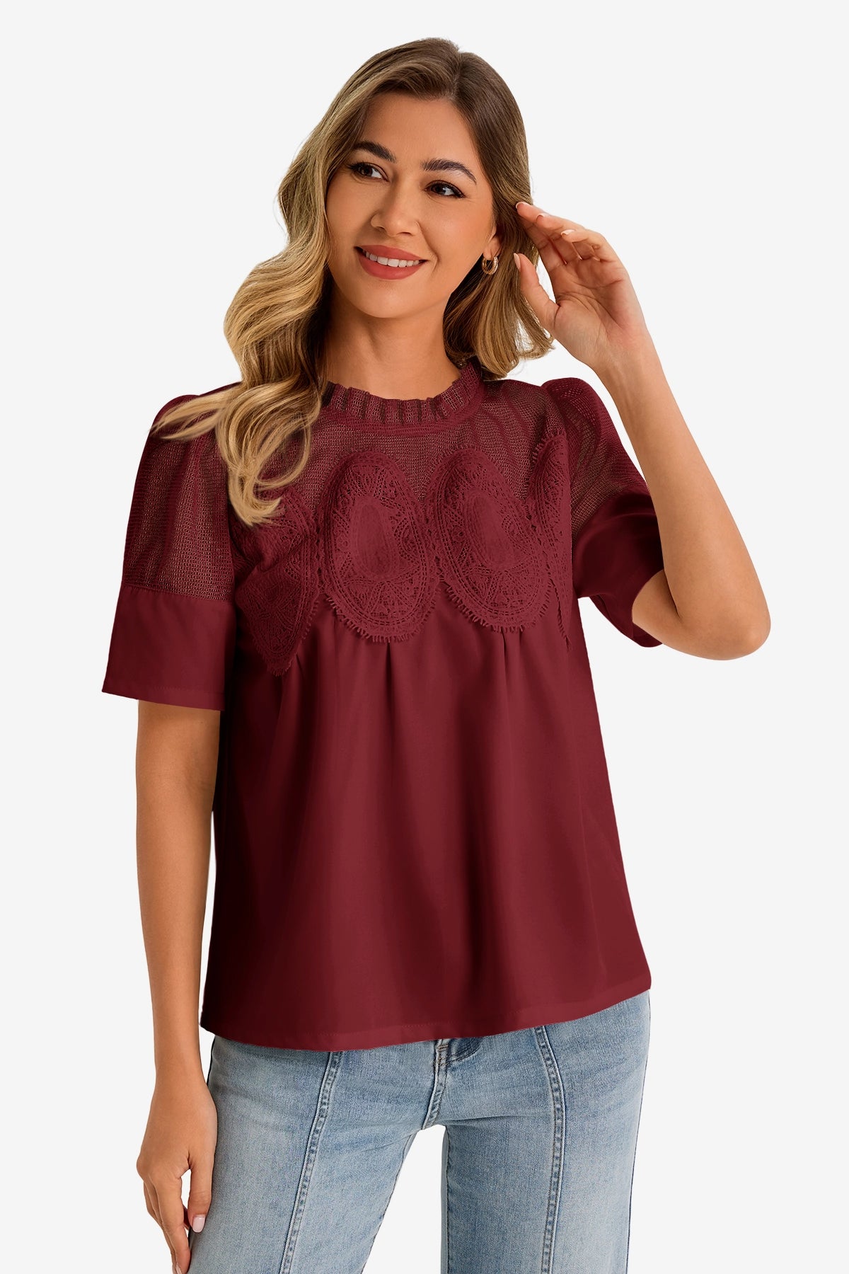 Womens Burgundy Flowy Lace Blouses | CicyBell