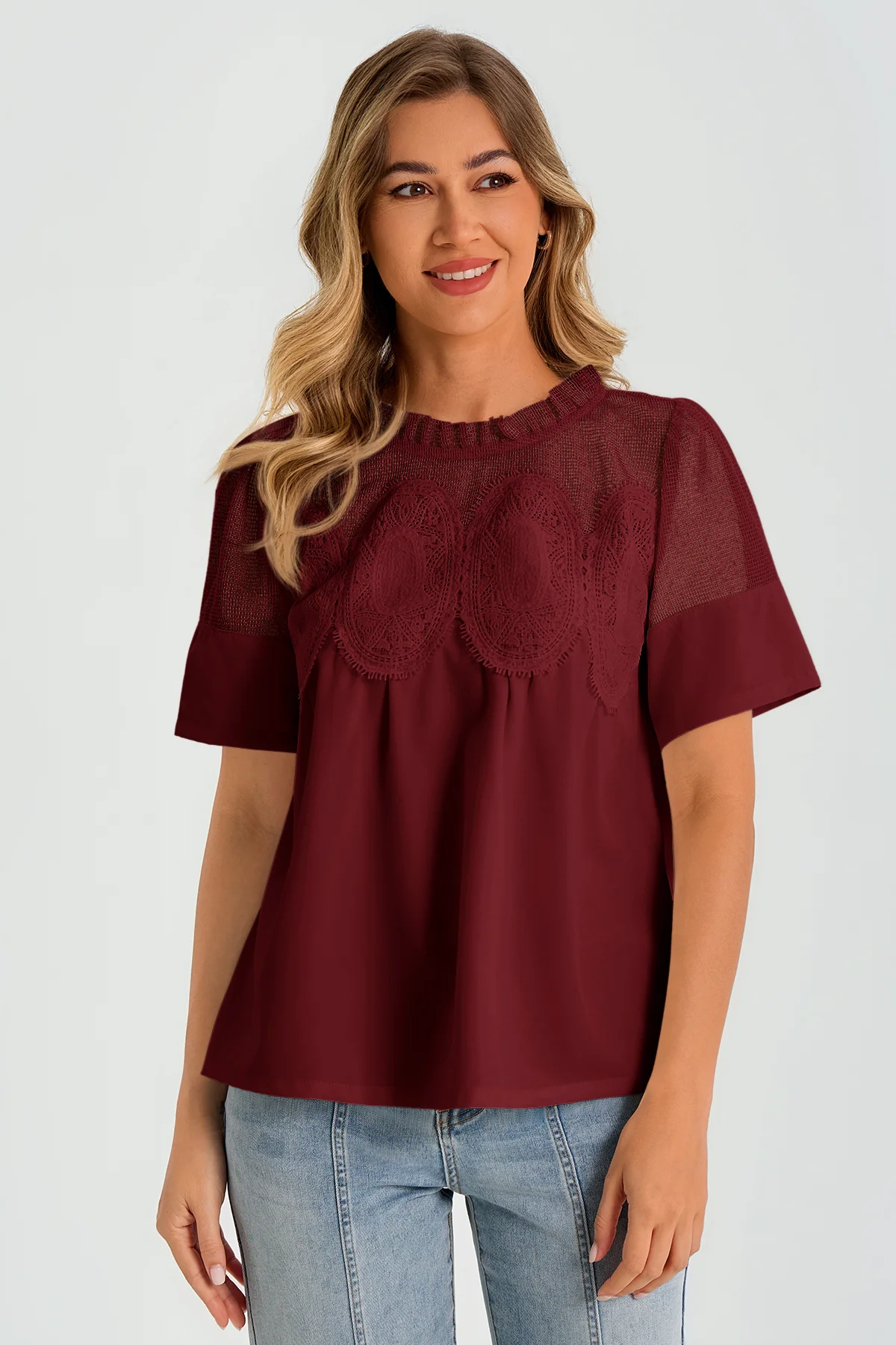 Womens Burgundy Flowy Lace Blouses | CicyBell