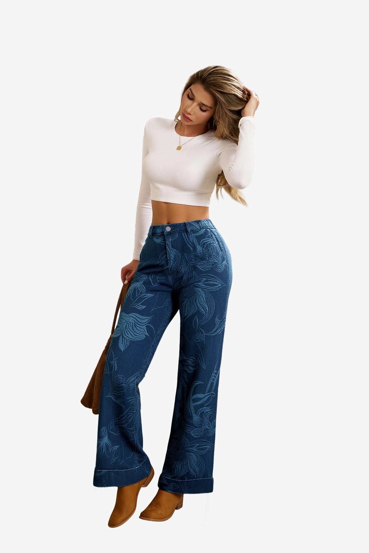 Women's Dark Blue Floral Baggy Wide Leg Jeans | CicyBell