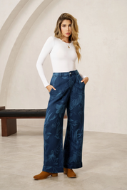 Women's Dark Blue Floral Baggy Wide Leg Jeans | CicyBell