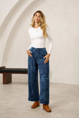 Women's Dark Blue Floral Baggy Wide Leg Jeans | CicyBell