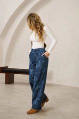 Women's Dark Blue Floral Baggy Wide Leg Jeans | CicyBell