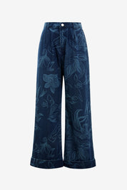 Women's Dark Blue Floral Baggy Wide Leg Jeans | CicyBell