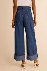 Womens Dark Blue Striped Wide Leg Jeans  | CicyBell