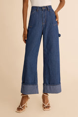 Womens Dark Blue Striped Wide Leg Jeans  | CicyBell