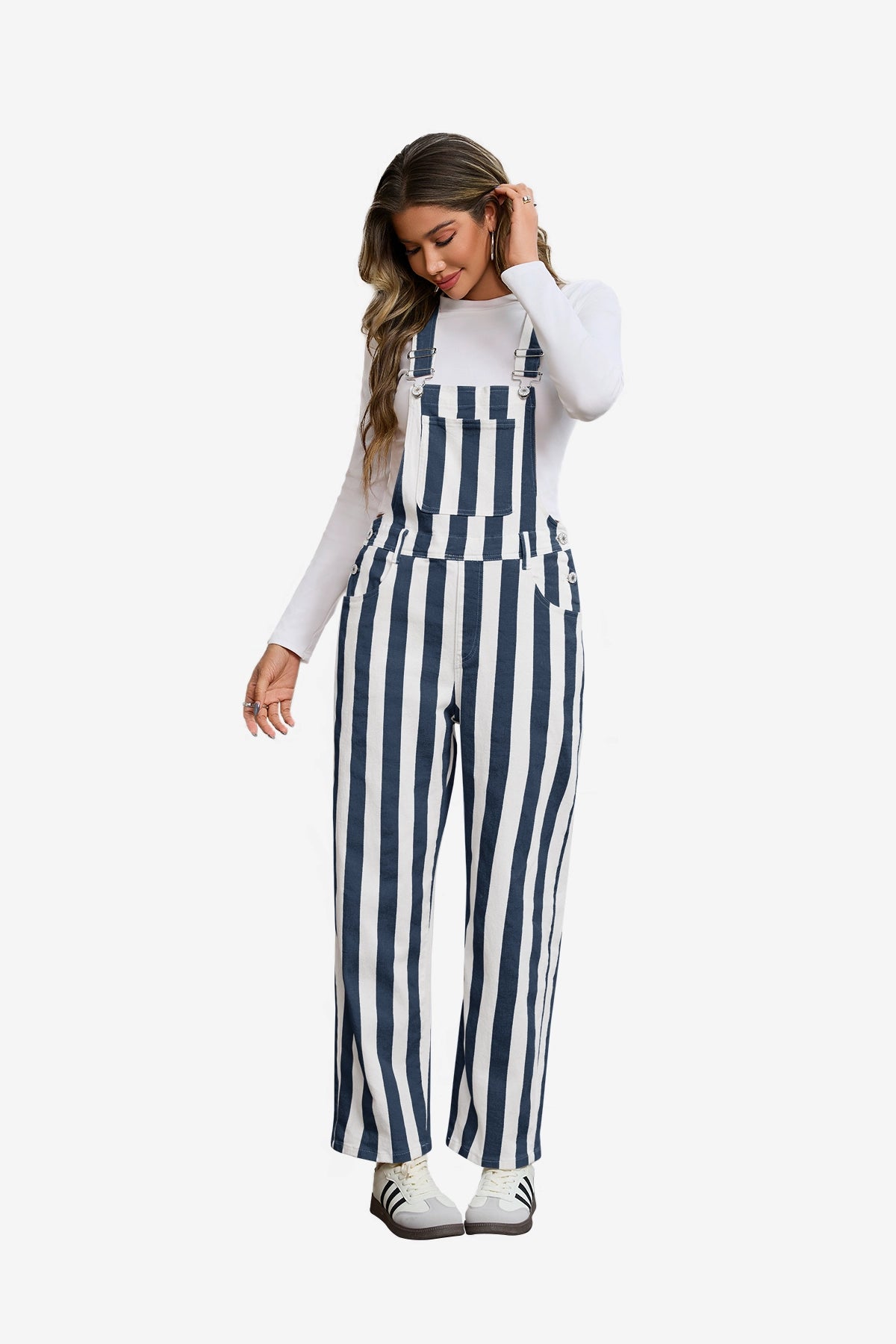 Womens Dark Blue Casual Striped Bib Overalls  | CicyBell