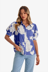 Womens Dark Blue Puff Sleeve Button Down Shirts | CicyBell