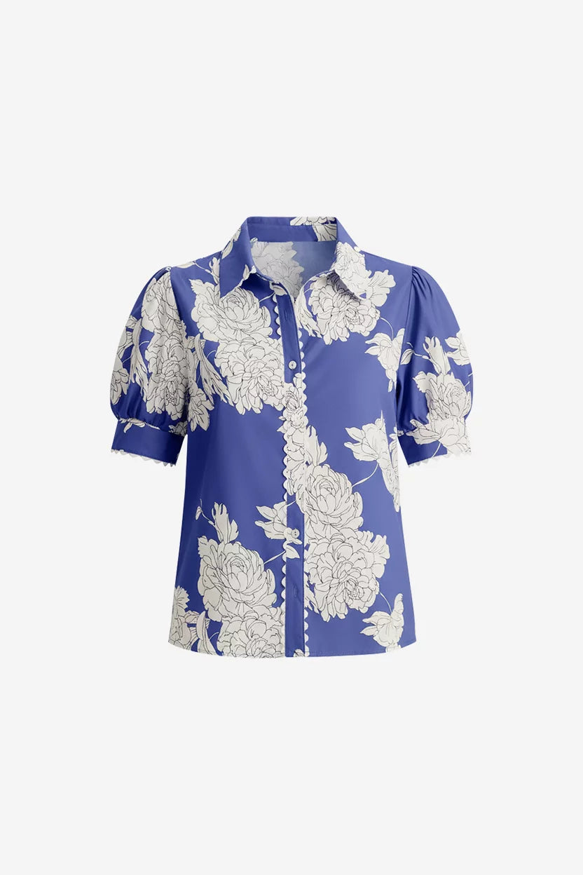 Womens Dark Blue Puff Sleeve Button Down Shirts | CicyBell