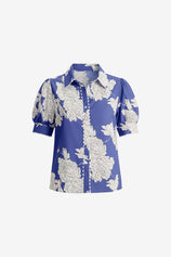Womens Dark Blue Puff Sleeve Button Down Shirts | CicyBell