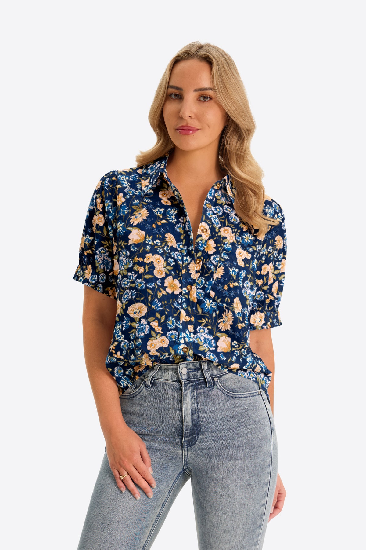 Womens Dark Blue Floral Printed Button Down Shirts | CicyBell