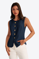 Womens Dark Blue Summer Sleeveless Blazer Vests | CicyBell