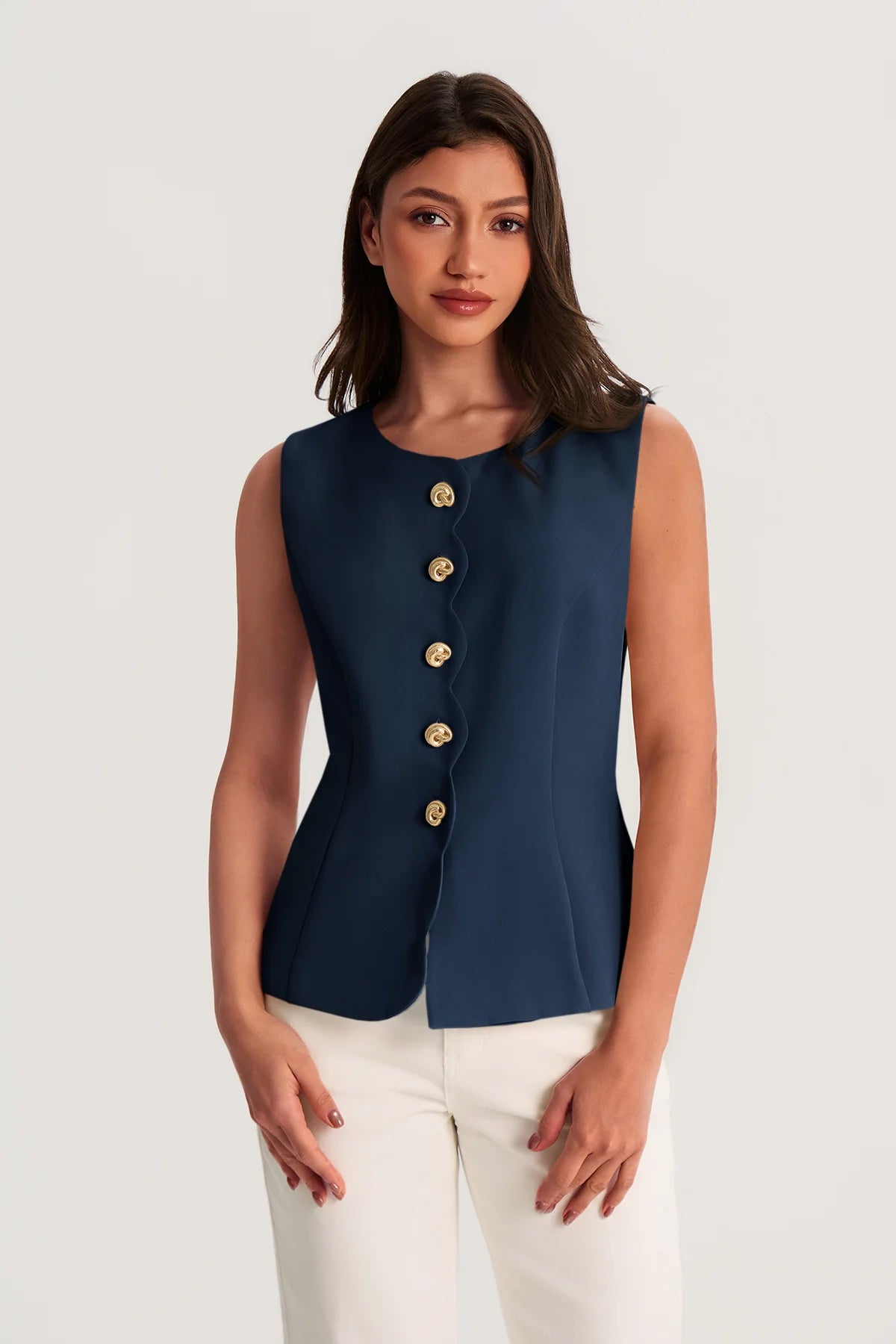 Womens Dark Blue Summer Sleeveless Blazer Vests | CicyBell