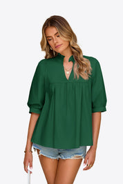 Womens Dark Green Puff Sleeve V Neck Blouse | CicyBell