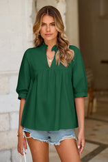 Womens Dark Green Puff Sleeve V Neck Blouse | CicyBell