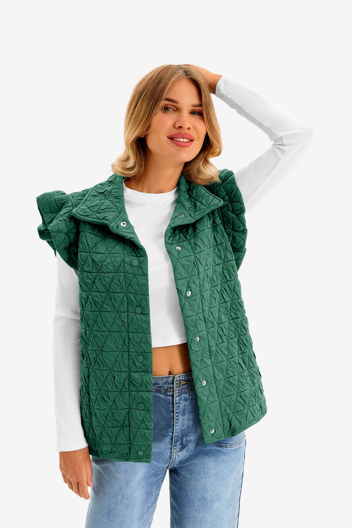 Women Dark Green Ruffles Puffer Vest | CicyBell