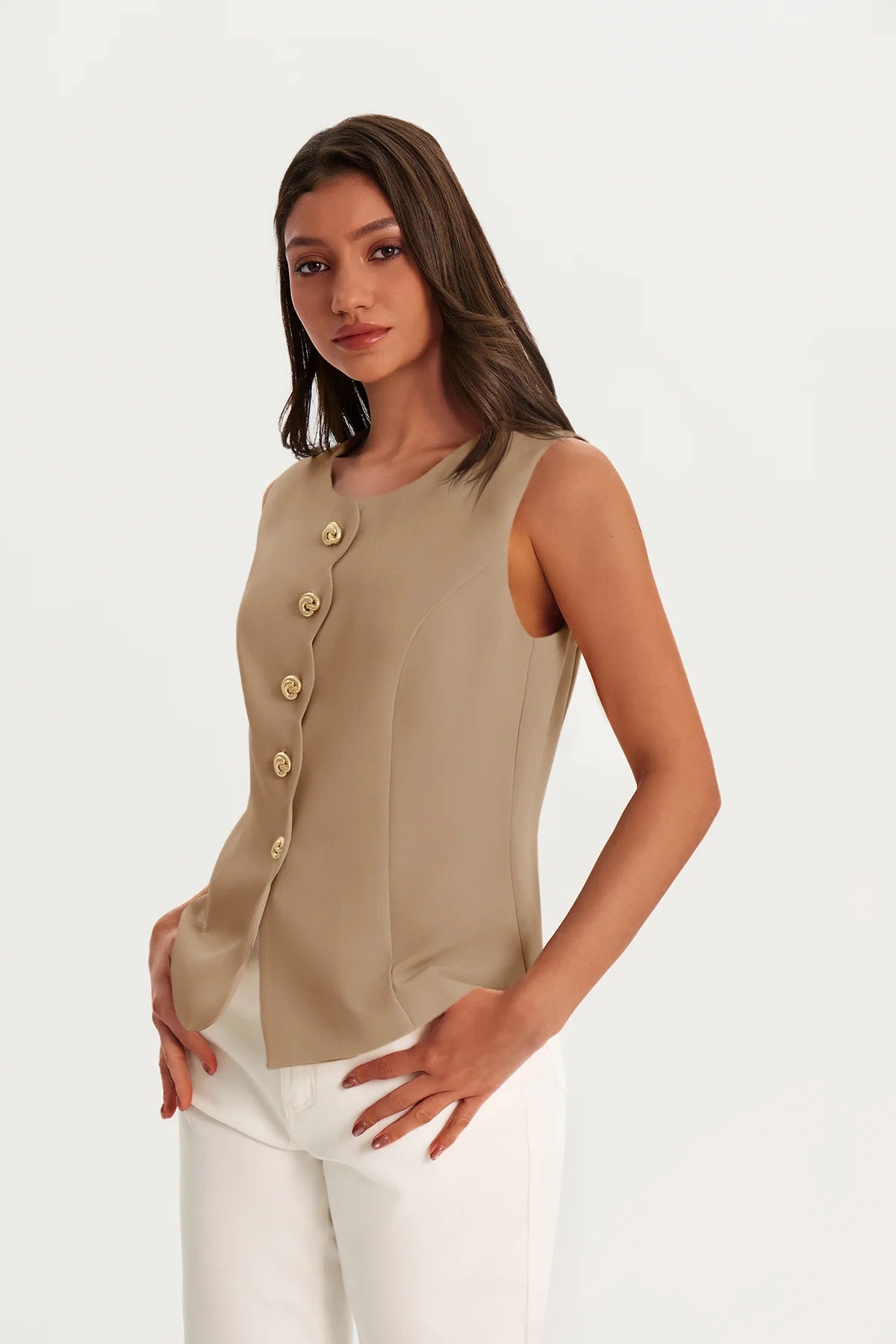 Womens Dark Khaki Summer Sleeveless Blazer Vests | CicyBell