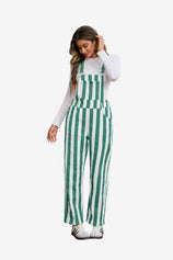 Womens Green Casual Striped Bib Overalls  | CicyBell